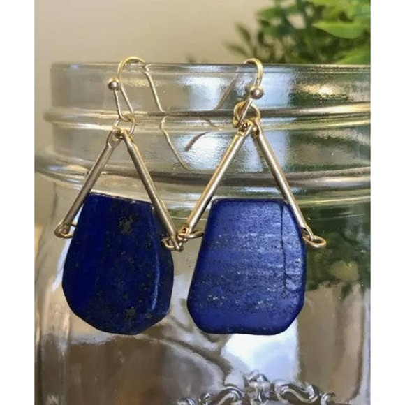 Cobalt Blue Raw Cut Stone Dangle Earrings - Picture 2 of 4